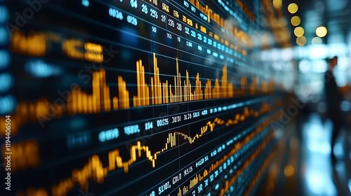 Stock market data displayed on a large screen, blurred background of a financial center photo