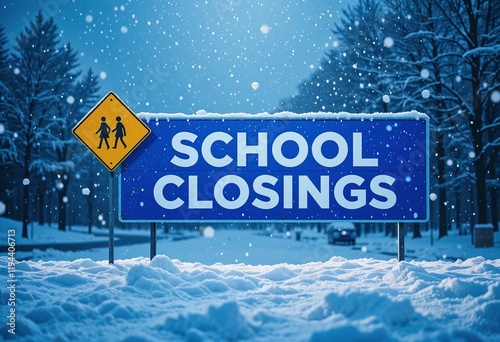 Snow-covered road sign indicating school closings due to poor weather. 