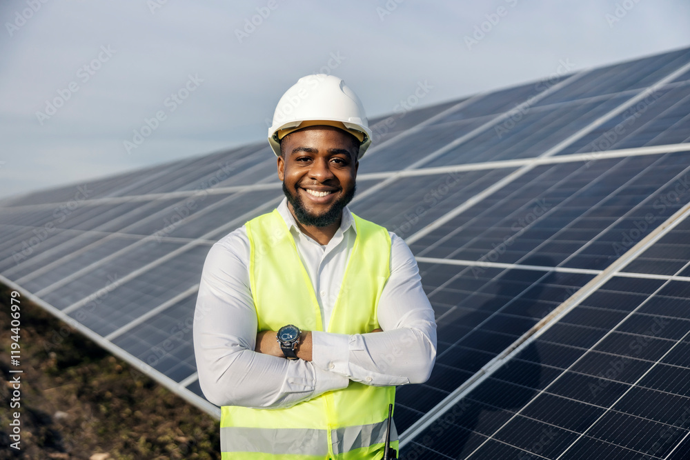 Portrait of confident multicultural businessman in protective uniform standing near solar panels at solar farm. Portrait of confident multicultural businessman in protective uniform standing near solar panels at solar farm.