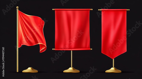 Royal flags. Red textile pennant on golden stand and hanging regal medieval vertical flag banner vector set of banner blank fabric flag illustration