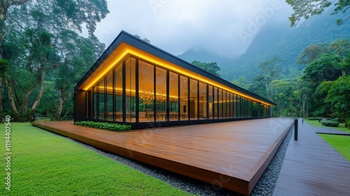 A modern eco-friendly hotel immersed in a lush forest, with wooden pathways