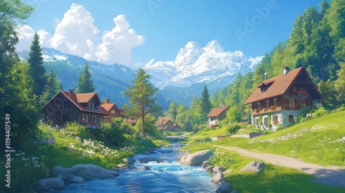 Stunning Swiss landscape featuring a peaceful river stream and quaint houses nestled in the valley.