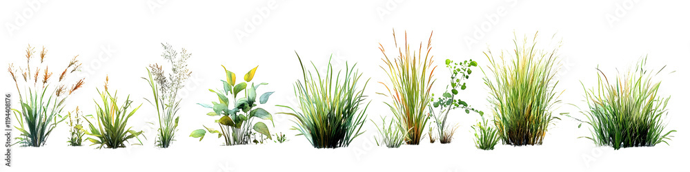 Obraz premium Watercolor Grass & Wildflower Branches Isolated on White Background