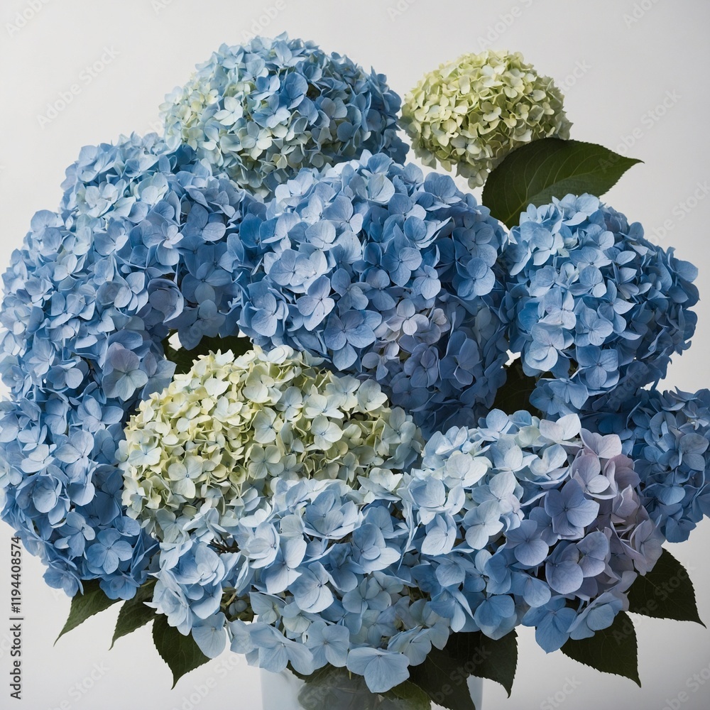 Obraz premium A cluster of hydrangeas in soft pastel blue shades, centered on a white background.