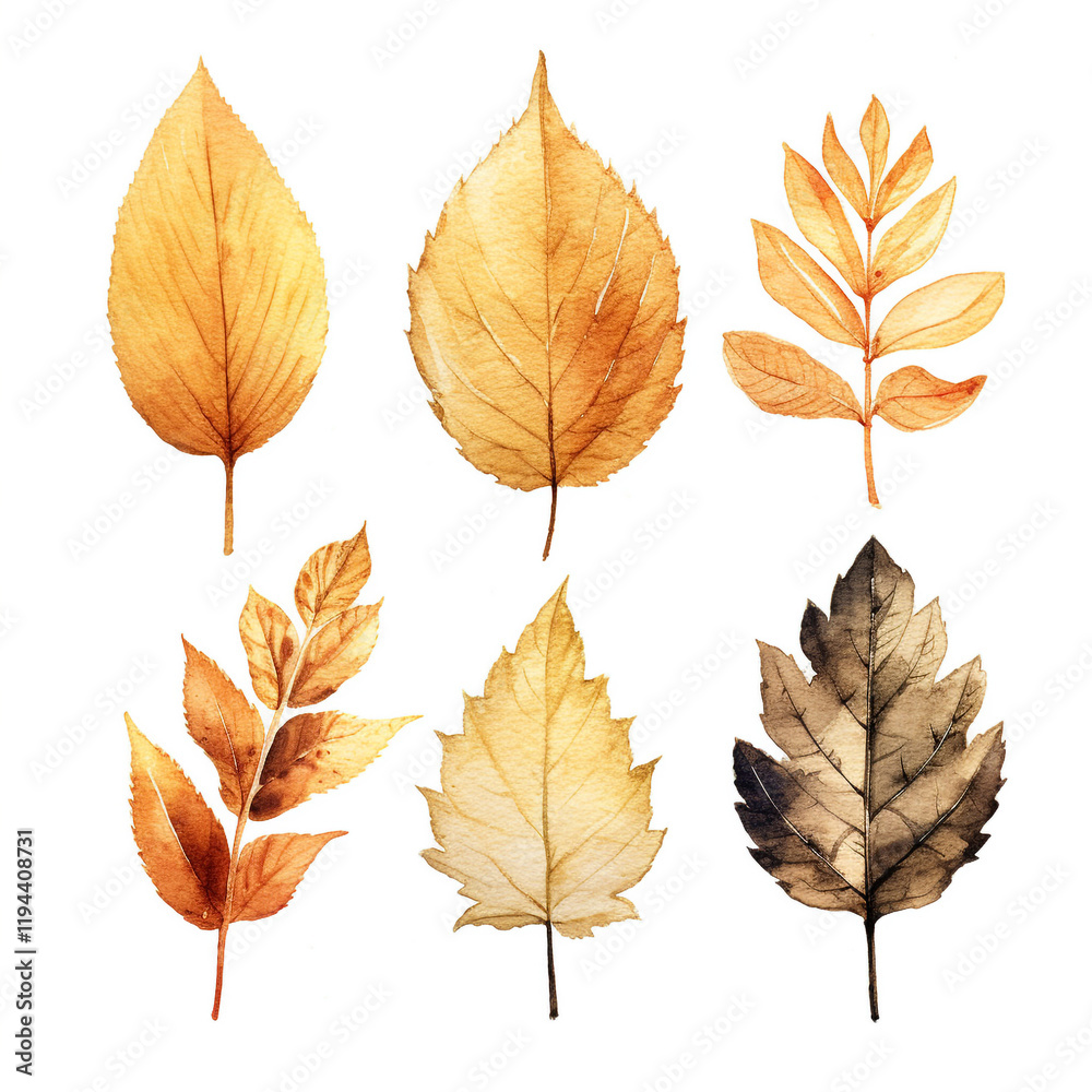 Obraz premium Gold leaves isolated , set leave and camomile, white background. Vector illustration antique watercolor set of branches with gold leaves on a white background