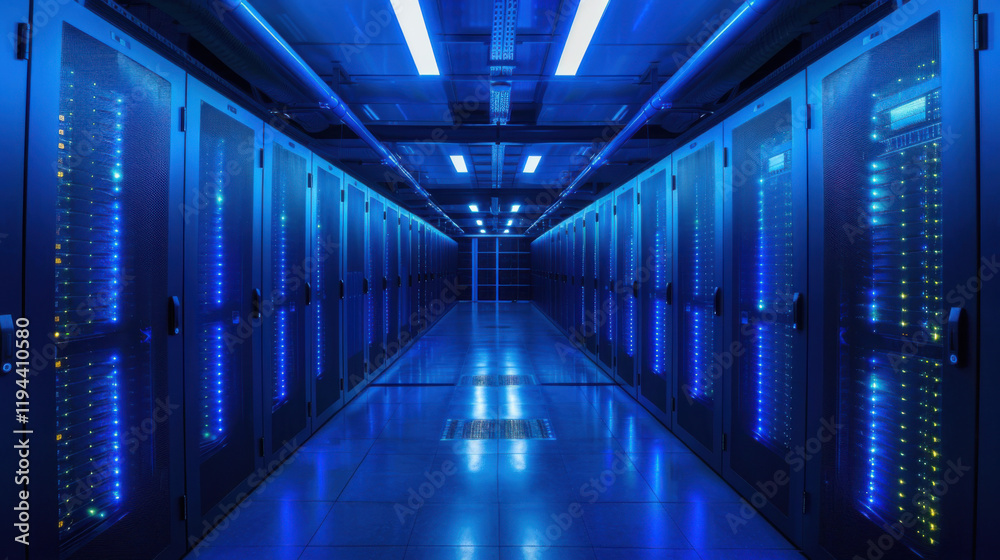 A futuristic server room illuminated with blue light showcasing advanced data storage technology and digital infrastructure A futuristic server room illuminated with blue light showcasing advanced data storage technology and digital infrastructure