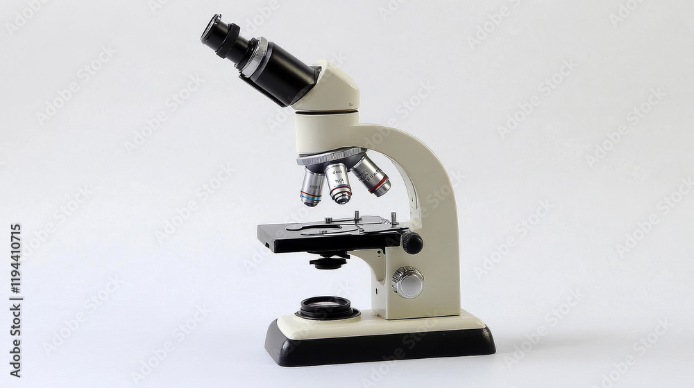 Microscope, equipment for science or medical laboratory. 3d optical instrument for chemistry and biology research, education and medicine. White microscope on blue background, vector. 3D Illustration Microscope, equipment for science or medical laboratory. 3d optical instrument for chemistry and biology research, education and medicine. White microscope on blue background, vector. 3D Illustration
