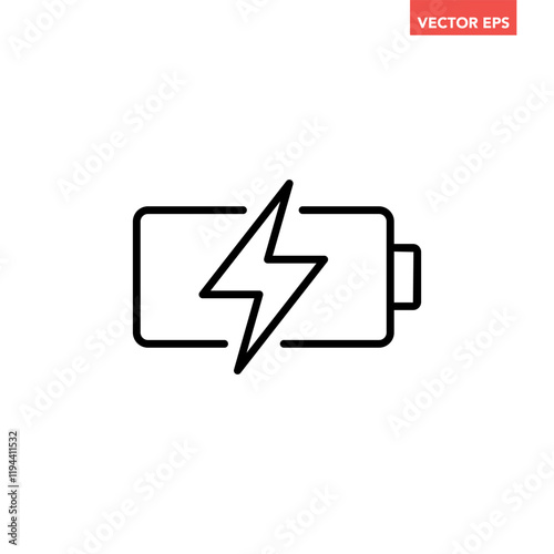 Black single battery charging line icon, simple shape power source flat design pictogram infographics vector pictogram, app web button ui interface element isolated on white background
