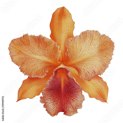 Elegant Orange Orchid Flower with Ruffled Petals and Gradient Red Center, isolated with transparent background