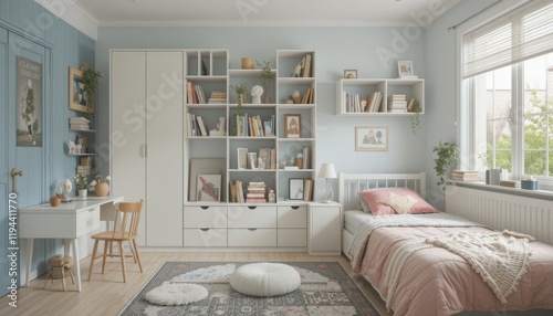 Modular shelving units in contemporary childrens rooms 