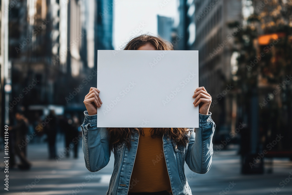 A young woman holds a blank poster above her head in the city center symbolizing student protests. Banner with copy space