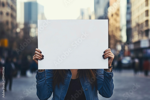 A girl holds a blank poster above her head in the city center symbolizing student protests. Banner with copy space