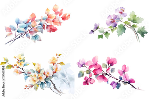 Abstract spring wild flowers, grass, leaf branch, floral leaves Watercolor wild flowers set, isolated 