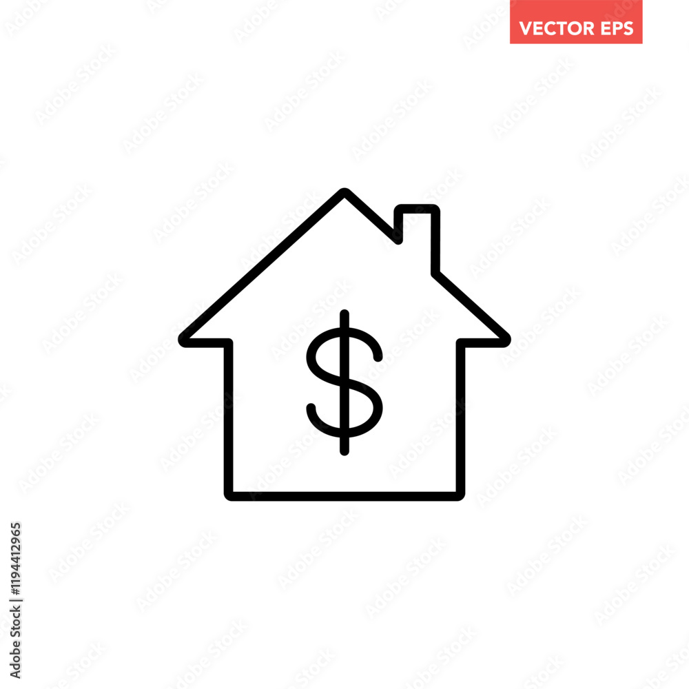 Black single house price line icon, simple real estate value flat design concept vector for app ads web banner button ui ux interface elements isolated on white background Black single house price line icon, simple real estate value flat design concept vector for app ads web banner button ui ux interface elements isolated on white background