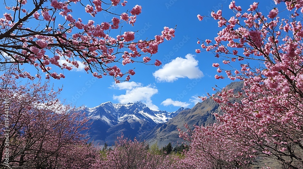 Majestic Mountain View Framed by Cherry Blossoms Majestic Mountain View Framed by Cherry Blossoms