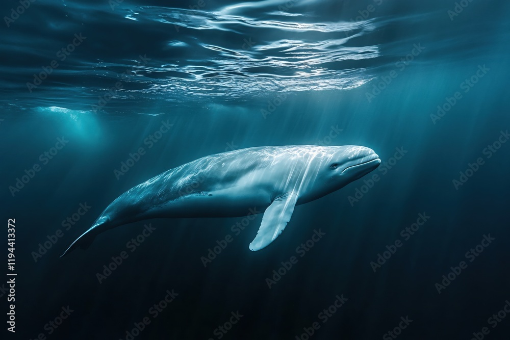 Fototapeta premium Serene Whale Underwater Ocean Deep Blue Light Rays