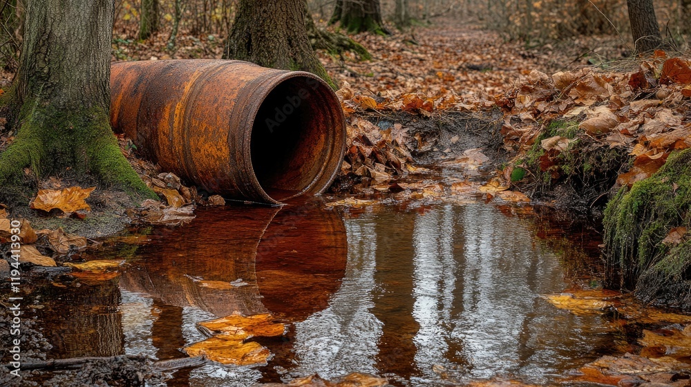 Rusty barrel spilling into a forest pond in autumn Rusty barrel spilling into a forest pond in autumn
