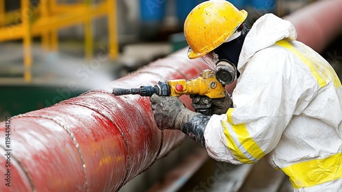 Worker using high-pressure water jet on industrial pipe