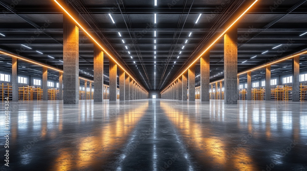 Modern warehouse interior with illuminated columns and reflections Modern warehouse interior with illuminated columns and reflections