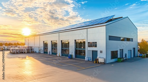 Modern industrial warehouse with solar panels at sunset