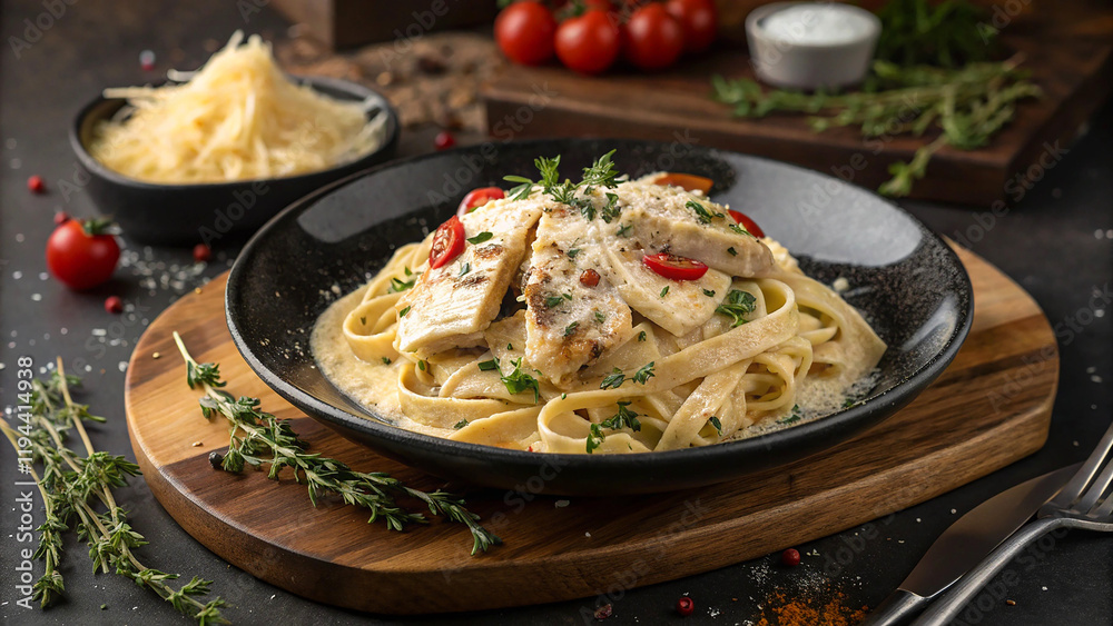 Italian cuisine, gourmet pasta dish, fettuccine with chicken, creamy sauce, parmesan cheese, fresh herbs, black ceramic plate, wooden serving board, rustic table setting, moody lighting Italian cuisine, gourmet pasta dish, fettuccine with chicken, creamy sauce, parmesan cheese, fresh herbs, black ceramic plate, wooden serving board, rustic table setting, moody lighting