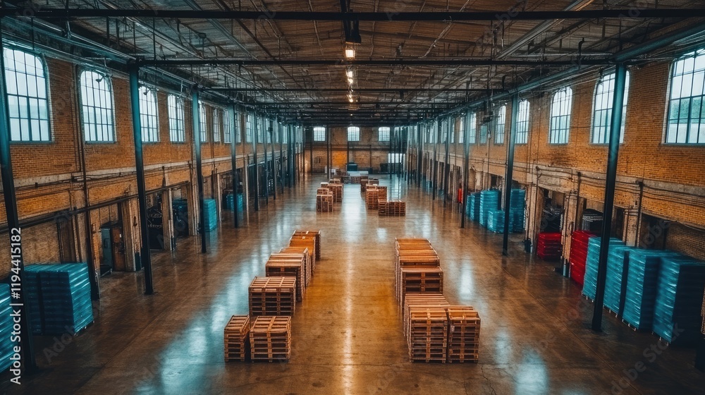 Fototapeta premium Spacious warehouse interior with organized pallets