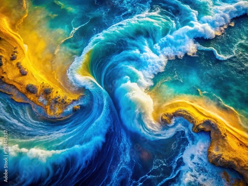 Abstract Aerial Ocean Waves: Vibrant Blue and Yellow Swirling Pattern