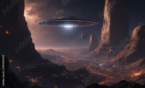 Mysterious spaceship hovering over alien landscape photo