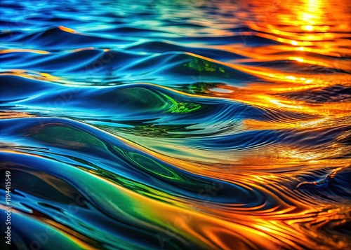 Abstract Vibrant Water Ripples: Blue, Orange, Green Swirls Background Stock Photo