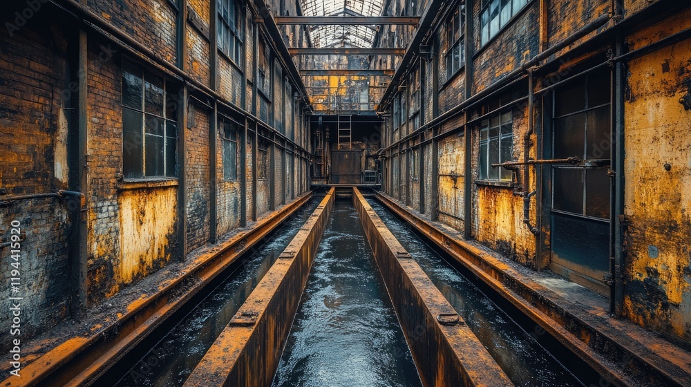 Abandoned industrial site with rusted infrastructure and waterway Abandoned industrial site with rusted infrastructure and waterway