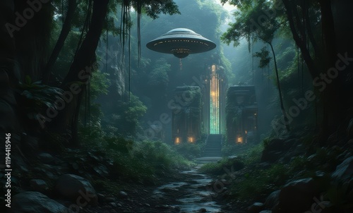 Mysterious alien craft above ancient ruins photo