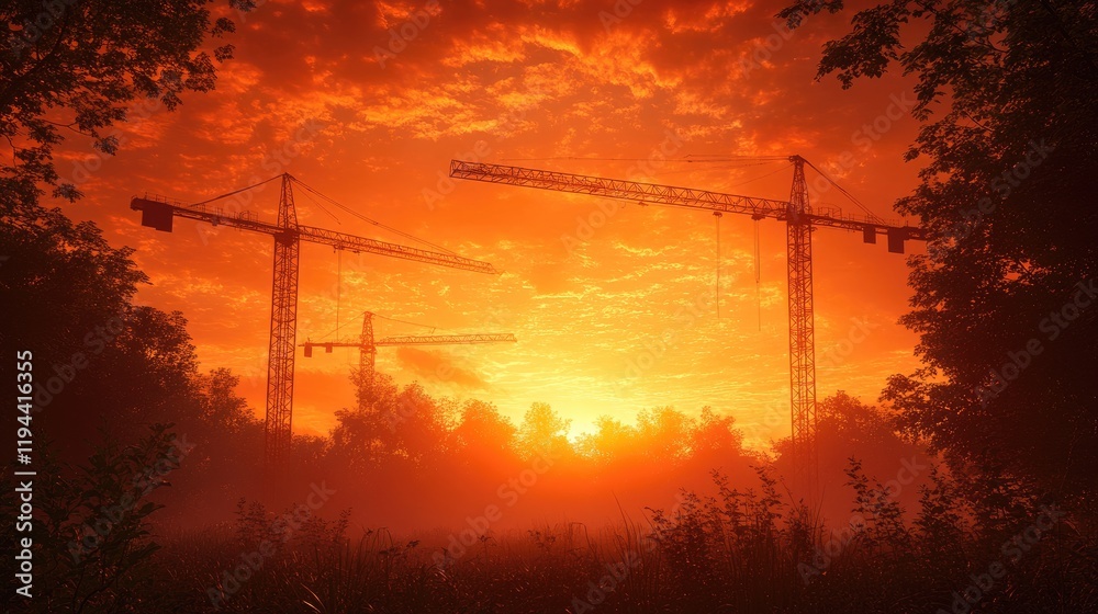 Fototapeta premium Construction cranes silhouetted against a vibrant sunset