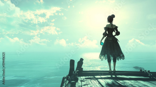 Parallax background pirate girl ghost on filibuster ship, buccaneer woman spook with leg prosthesis hold gemstone stand at boat deck, separated layers for 2d game animation Cartoon vector illustration