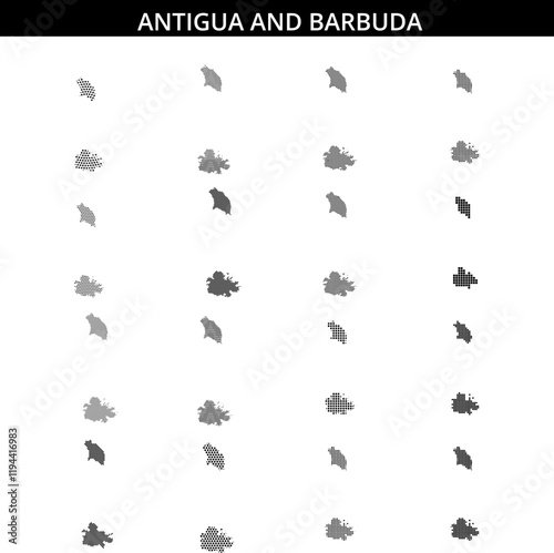 Map outline of Antigua and Barbuda with black dots representing land mass