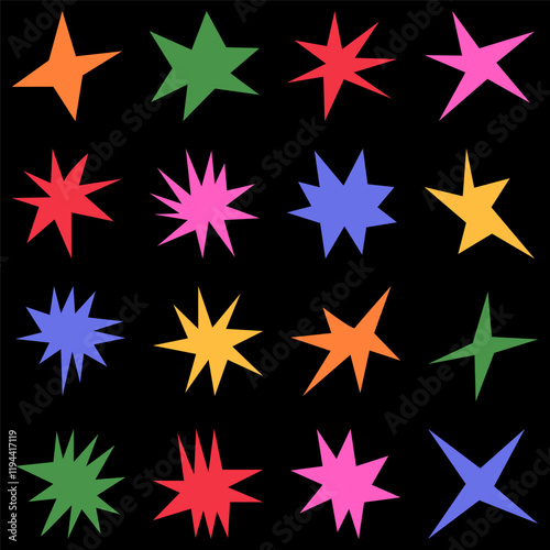 Set featuring images of irregular sharp stars. It includes abstract shapes and star elements with unusual pointed ends.