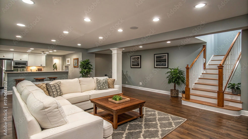 Fototapeta premium Modern basement living room, sectional white couch, wooden coffee table, recessed lighting, gray walls, hardwood floors, indoor plants, staircase with wooden railing, cozy interior design, minimalist 