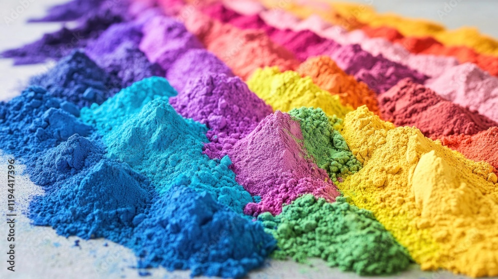 Fototapeta premium An artistic display of powdered pigments in vibrant rainbow colors, spread dynamically across a clean surface to inspire creativity