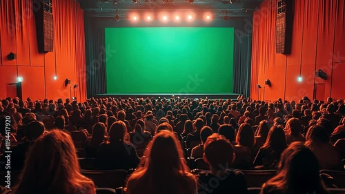 Wallpaper Mural Awaiting the Show: A large crowd, seated in an expansive theatre with red curtains, eagerly awaits the spectacle to unfold on the vibrant green screen, setting the stage for limitless possibilities.  Torontodigital.ca