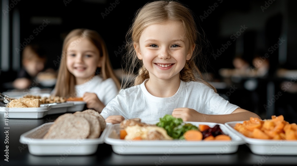 Two happy children sit at a table with trays of healthy food. The setting is a school cafeteria where they are enjoying their lunch and sharing smiles Two happy children sit at a table with trays of healthy food. The setting is a school cafeteria where they are enjoying their lunch and sharing smiles