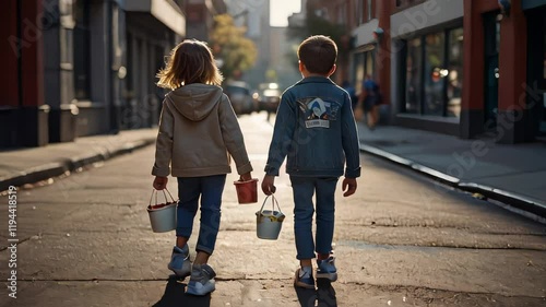 A boy and a girl, holding hands, walking down a city street. Hand in hand, boy and girl stroll down city street. 