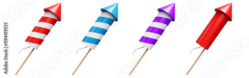 White and Red, Blue, purple firework rocket isolated on white background, 3d render