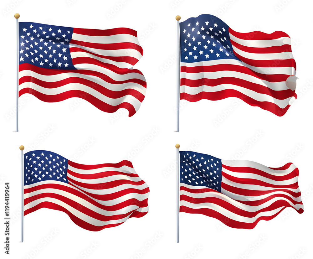 Waving American Flags Isolated on Transparent Background