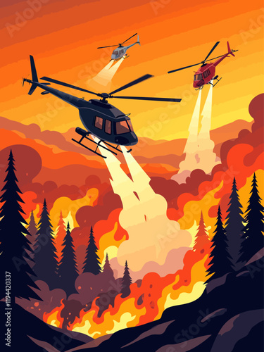 A dramatic and intense scene set against a smoky orange sky, where multiple helicopters, ranging from sleek black to bold red and silver