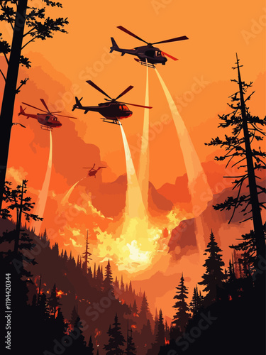 A dramatic and intense scene set against a smoky orange sky, where multiple helicopters, ranging from sleek black to bold red and silver