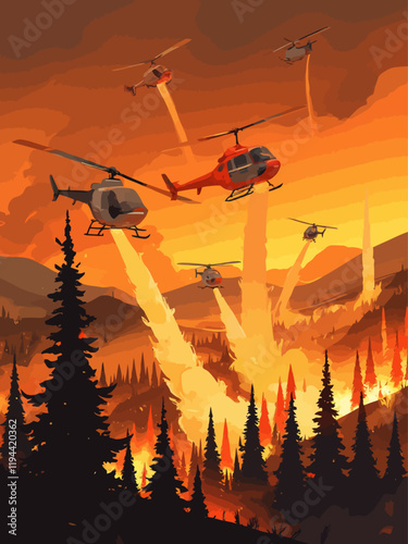 A dramatic and intense scene set against a smoky orange sky, where multiple helicopters, ranging from sleek black to bold red and silver