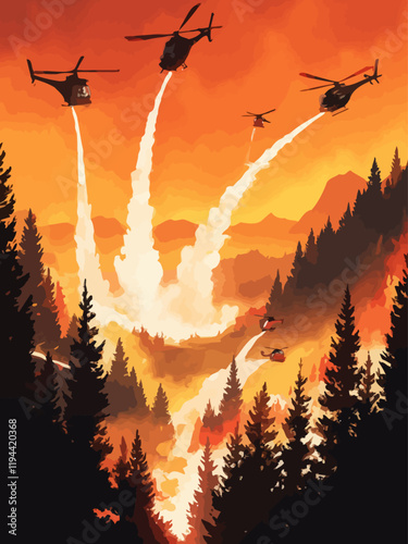 A dramatic and intense scene set against a smoky orange sky, where multiple helicopters, ranging from sleek black to bold red and silver