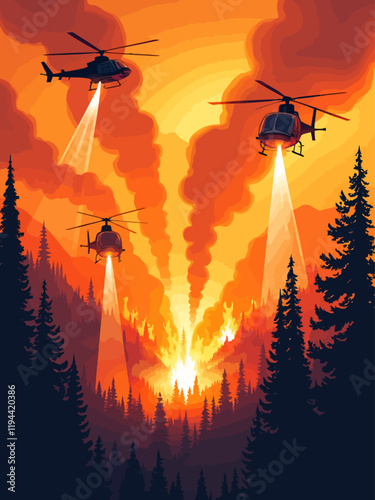 A dramatic and intense scene set against a smoky orange sky, where multiple helicopters, ranging from sleek black to bold red and silver