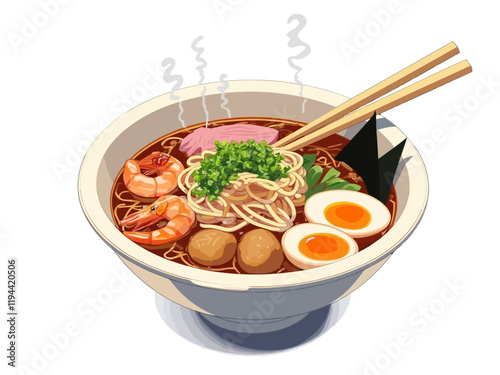 r illustration of a bowl of lighcolored ramen with a couple of chopsticks on a simple white background