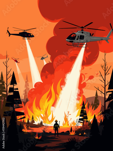 A dramatic and intense scene set against a smoky orange sky, where multiple helicopters, ranging from sleek black to bold red and silver