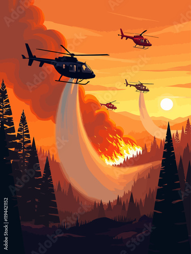 A dramatic and intense scene set against a smoky orange sky, where multiple helicopters, ranging from sleek black to bold red and silver